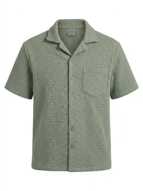Maison Article Men's Medium Green Jacquard Textured Camp Shirt Short Sleeve Knit